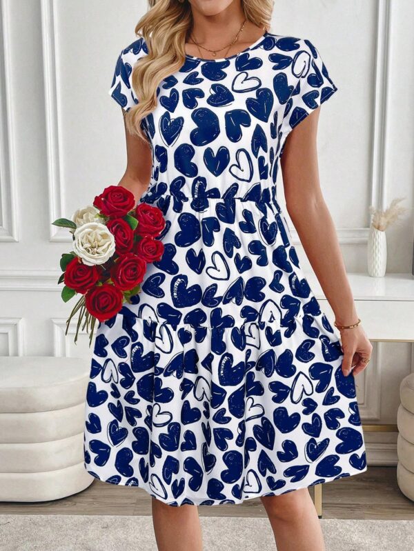 Women's Valentine's Day Heart Print Round Neck Short Sleeve Short Casual Dress - Image 3