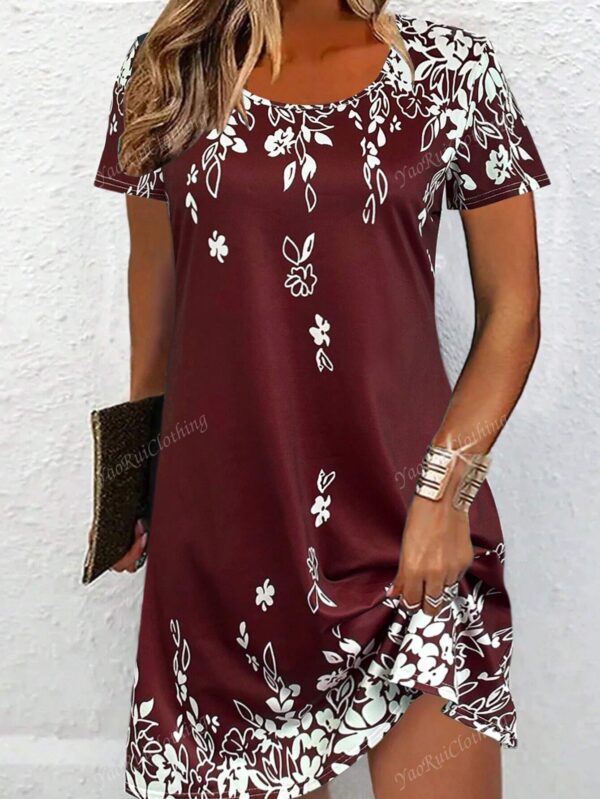 Women's Casual Round Neck Short Sleeve Vintage Versatile Mini Dress For Summer Vacation - Image 3