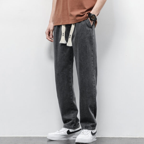 Summer Loose Wide Leg Jeans Pants Men Fashion Drawstring Elasticated Straight Trousers - Image 6