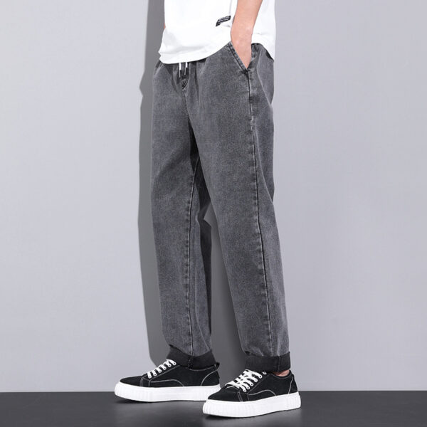Summer Loose Wide Leg Jeans Pants Men Fashion Drawstring Elasticated Straight Trousers - Image 8