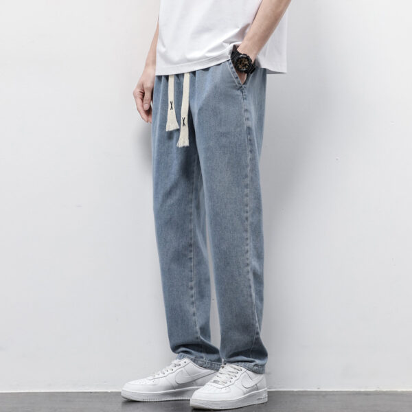 Summer Loose Wide Leg Jeans Pants Men Fashion Drawstring Elasticated Straight Trousers - Image 4