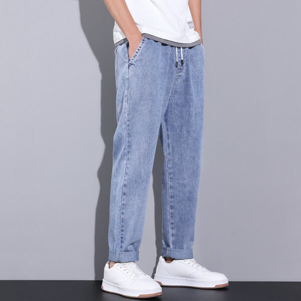 Summer Loose Wide Leg Jeans Pants Men Fashion Drawstring Elasticated Straight Trousers - Image 7