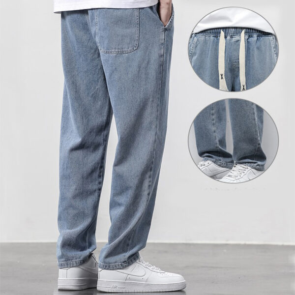 Summer Loose Wide Leg Jeans Pants Men Fashion Drawstring Elasticated Straight Trousers - Image 5