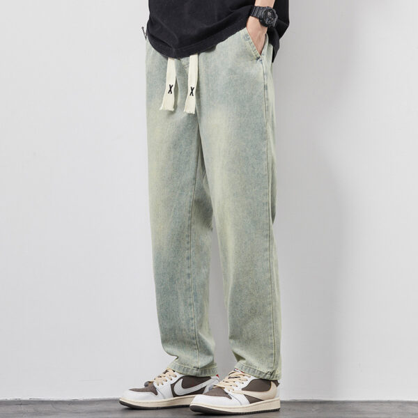 Summer Loose Wide Leg Jeans Pants Men Fashion Drawstring Elasticated Straight Trousers - Image 3