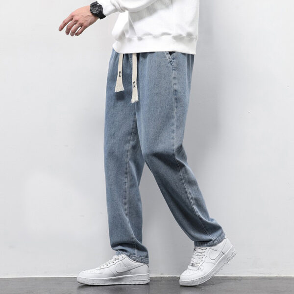 Summer Loose Wide Leg Jeans Pants Men Fashion Drawstring Elasticated Straight Trousers - Image 2